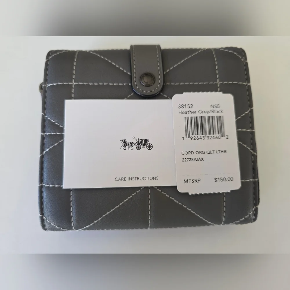 Coach Quilted Leather Large Accordion Zip Wallet Heather Grey/Black-NWT